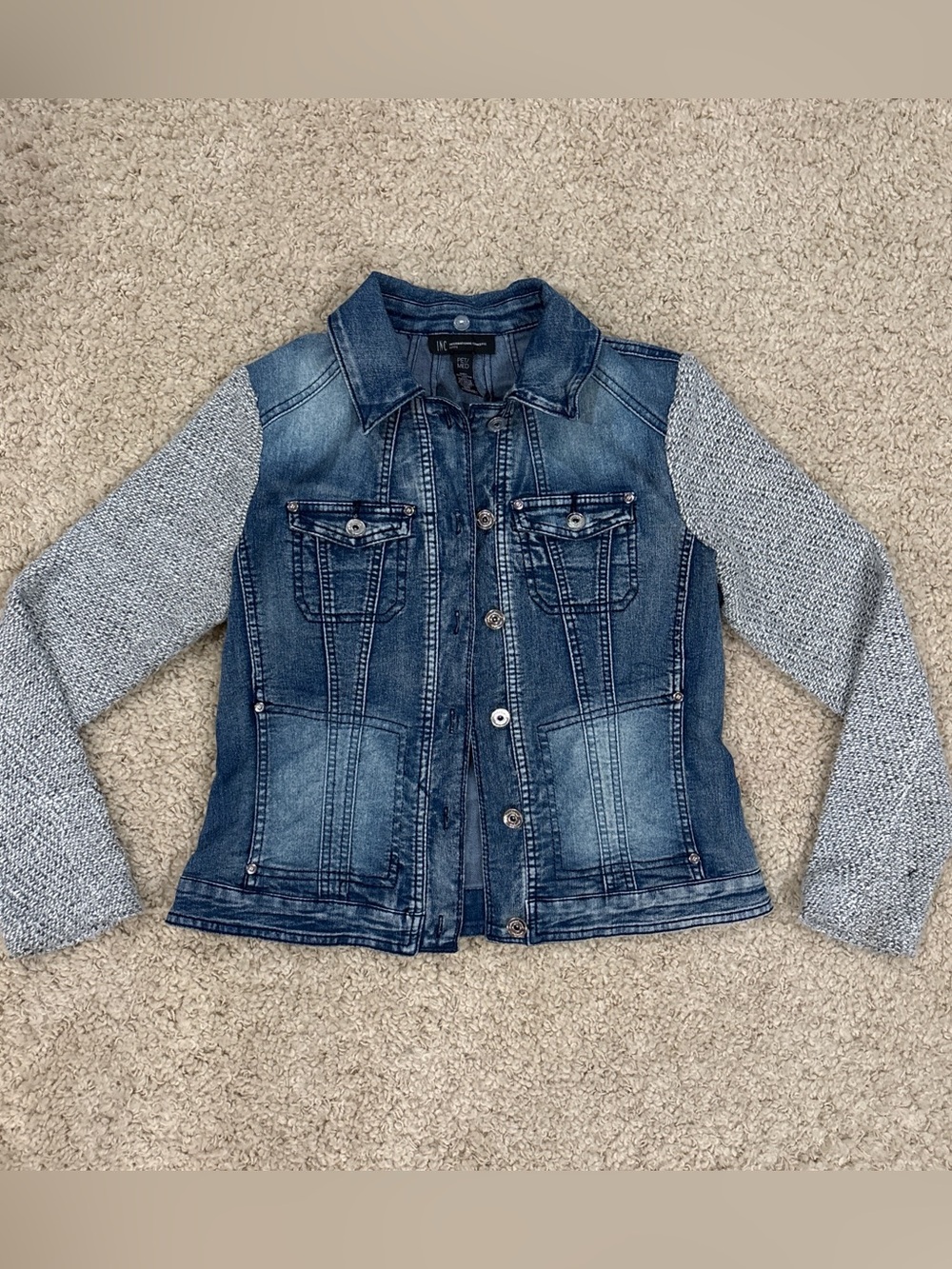 INC International Concepts Blue Denim Jacket w/ Grey Knit Sleeves Petite Size M